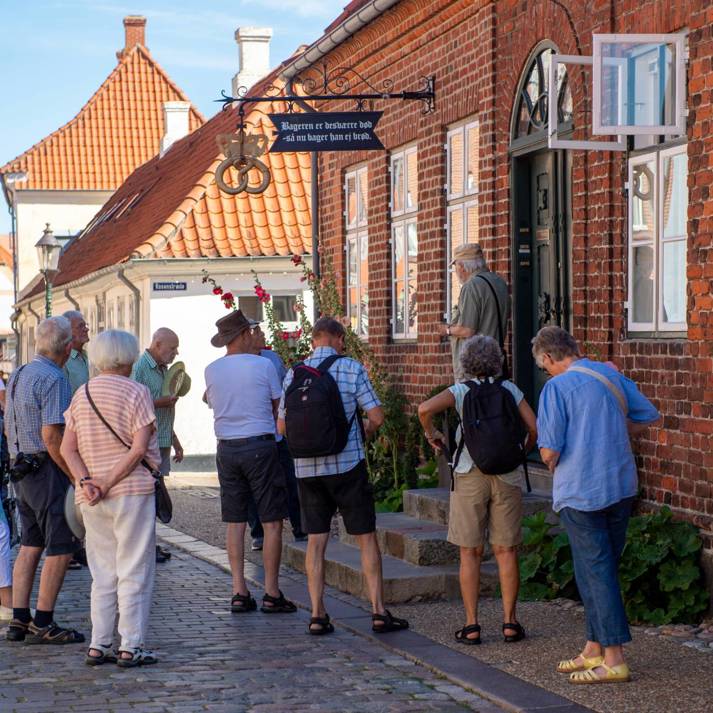 En gruppe turister på en guidet byvandring i de hyggelig brostensgade i Domkirkekvarteret i Viborg. (Foto: Jesper Maagaard)
