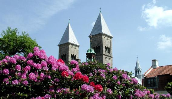 Udsigten fra den blomstrende Latinerhave i Domkirkekvarteret. I baggrunden ses Viborg Domkirke (Viborg Turistbureau)